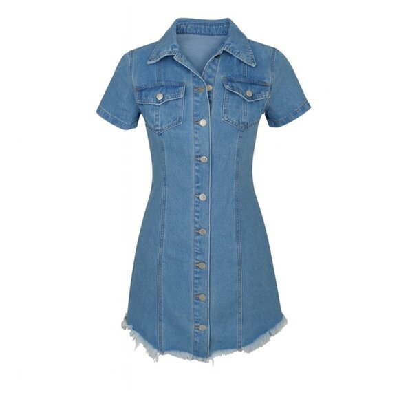 Women’s Denim Button-Up Mini Dress – Short Sleeve, Size Medium - Picture 1 of 4